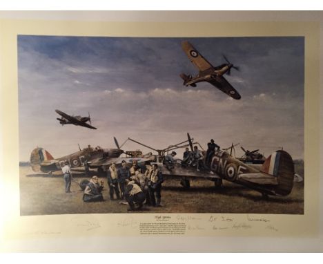 After DAVID PRITCHARD (20th/21st century) British
High Spirits
Limited edition print
Signed by ten Battle of Britain airmen
8