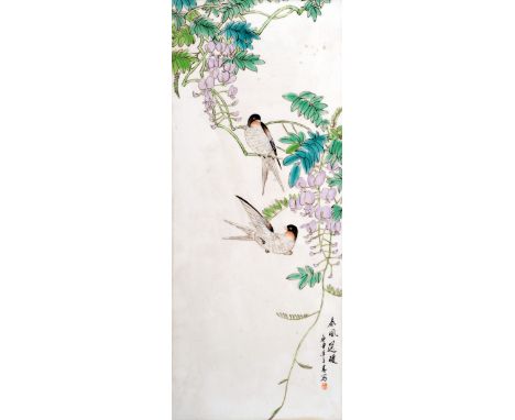 Four Chinese porcelain panels
Each decorated with birds amongst flora, painted calligraphic signatures and red seal marks, fr