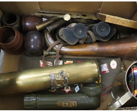 A box of miscellaneous including WWII shell case with regimental badge, HMS Ganges pot, bugle and binoculars, etc