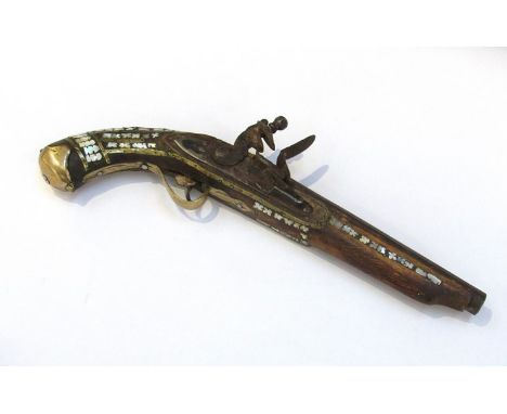 A 19th Century Indian flintlock pistol inlaid with mother of pearl together with a double barrel percussion pistol a/f (2)   