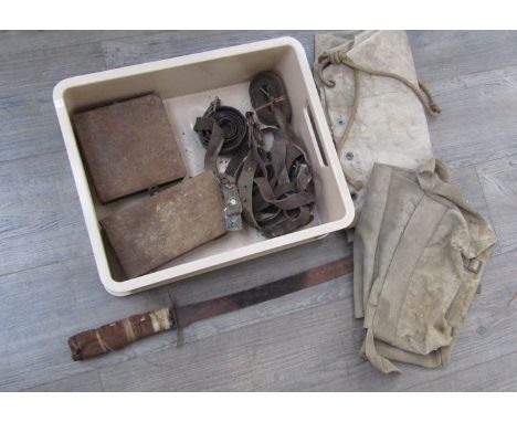 A WWII dated kit bag, another, two fuse cases and a webbing machete, all a/f 