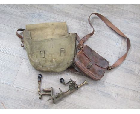 A British Army canvas kit bag together with leather cartridge bag and shotgun tools (4)