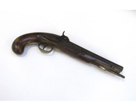 A 18th Century Percussion pistol with brass fittings, walnut stock a/f     ANTIQUE FIREARM: No license required