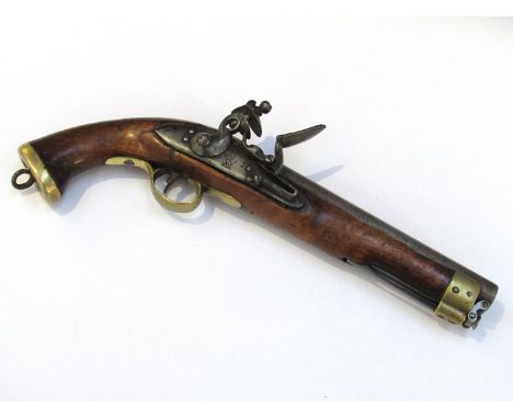 A George III East India Company Flintlock pistol, the lock plate with rampant lion, brass fittings, some restoration to the w