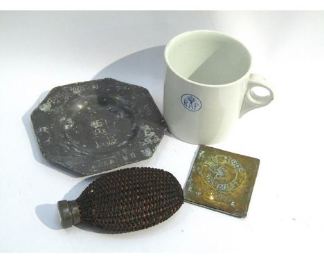 An RAF mug, hip flask, lead Royal Engineers ashtray and King's Regiment brass plaque (4)