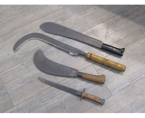 Four edged weapons / utility items including Indian army bayonet and WWII machete