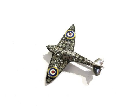 A silver spitfire brooch set with paste stones and enamel targets, stamped "London Made Sterling silver", some stones missing