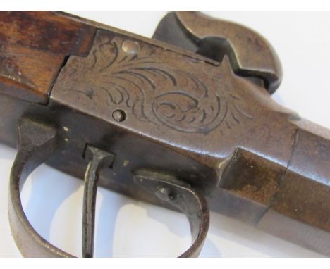 A 19th Century large bore continental percussion box lock pistol, faceted barrel, scrolled foliate engraved lockplate     ANT