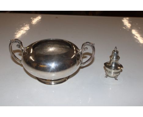 A white metal twin handled sucrier and silver pepper pot  AF