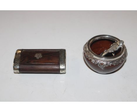 A white metal mounted snuff box; a silver mounted salt and a 925 fish shape spoon