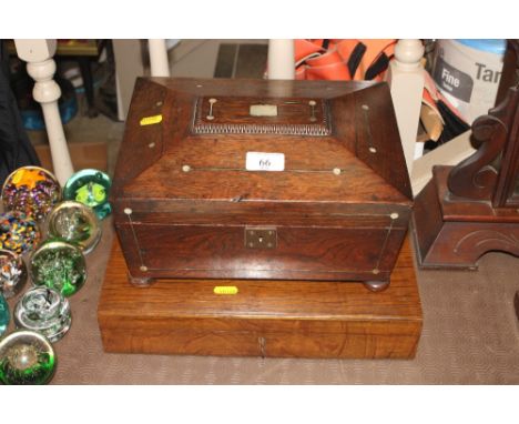 A Victorian rosewood and mother of pearl inlaid sewing box (no interior) and an oak cutlery box 