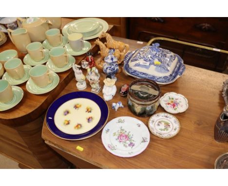 A blue and white willow pattern tureen; a Delftware baluster vase and cover; a pair of glazed pottery horse ornaments; variou