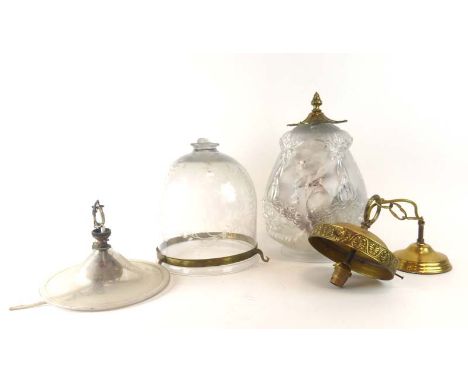 An Edwardian etched glass and brass mounted ceiling light of domed form together with a later glass shade with foliate fittin