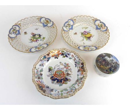 A pair of ribbon edge cabinet plates, each centrally decorated with fruits, vegetables and flowers, pseudo Meissen marks, d. 