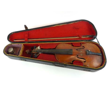 An early 20th century student's four-string violin, bearing a faux Antonius Stradiuarius Cremonenfis paper label, with the as