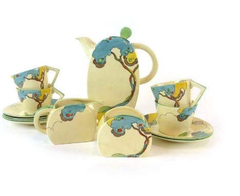 Clarice Cliff for Wilkinson Ltd, a part six sitting 'Bonjour' tea service decorated with trees in blossom, comprising: 1 x te