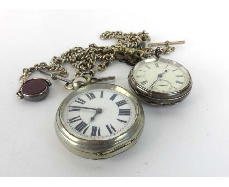 A silver plated open face pocket watch, the white enamel dial with black Roman numerals suspending on a silver curblink watch