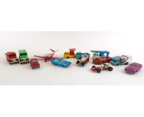 A mixed group of playworn diecast including Matchbox Superfast models, a Husky 'Chitty Chitty Bang Bang' model, three Lonesta