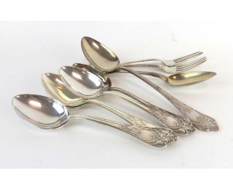 A set of six Berndorf silver plated table spoons with Art Nouveau decoration and a matching serving spoon, together with a me