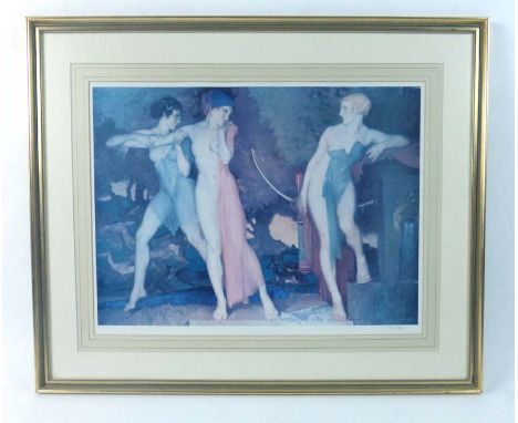 After Sir William Russell Flint (1880-1969),three maidens, one holding a bow and quiver of arrows,numbered 166/850,limited ed