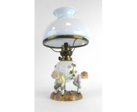 A 19th century figural lamp base in the form of three young boys supporting a cane basket, pseudo Meissen marks, overall h. 3