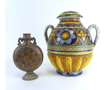 A Continental faience terracotta lamp base of two handled vase shaped form, h. 30 cm, together with a smaller moon-type flask