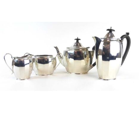 A silver four piece tea service of canted vase shaped form, maker HH&S, Birmingham 1927, 45 ozs CONDITION REPORT: Typical den