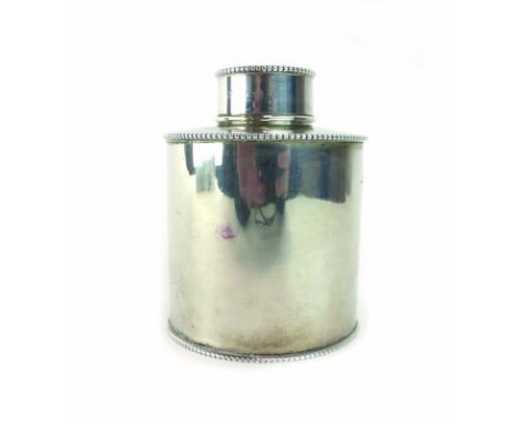 A silver tea caddy of cylindrical form with beaded decoration, Mappin & Webb, London 1916, h. 9.5 cm, 3.5 ozs CONDITION REPOR