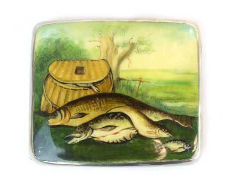 A silver, parcel gilt and enamel decorated cigarette case of cushioned rectangular form depicting a fishing creel and catch, 