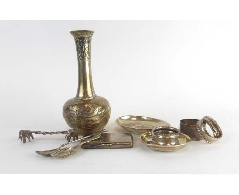 A mixed parcel of items including a metalware bottle vase decorated in the chinoiserie manner, two metalware dishes inset coi