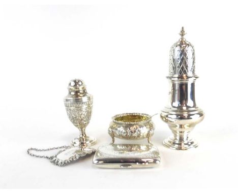 A silver sugar dredger of traditional form, London 1965, h. 15.5 cm, a Victorian silver salt of bun shaped form, a Victorian 