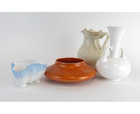 A Meissen figure modelled as a pair of pigeons, h. 9 cm, a Ruskin shallow dish decorated in an orange lustre glaze and four f
