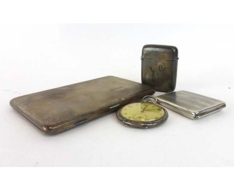 A silver engine turned cigarette case, a silver vesta case, a silver match book sleeve and a silver cased open faced pocket w