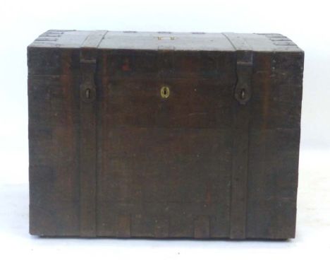 A 19th century metal bound naval/campaign trunk inset with a brass plaque 'B Fanshaw Esq', the interior with two teak removab