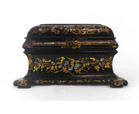 A Victorian black lacquered, mother-of-pearl inlaid and gilt highlighted tea caddy with two compartments, w. 29 cm