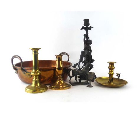 A group of 19th century and later metalwares including a chamberstick, a silver plated figure modelled as a horse, a brown pa