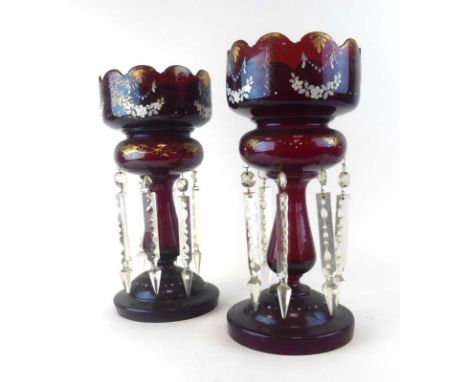 A pair of late 19th/early 20th century ruby glass table lustre's, h. 36.5 cm CONDITION REPORT: Incomplete and some damage