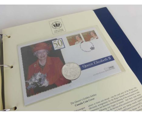 Two files containing the Westminster 'The Queen's Golden Jubilee' coin cover collection including various first days covers a