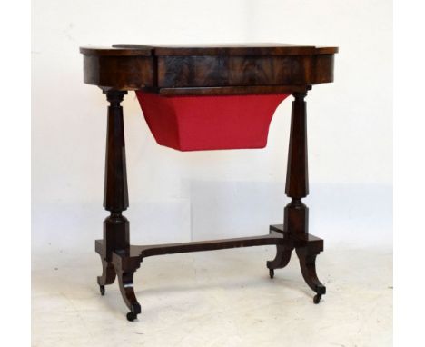 Mid 19th Century mahogany work table or sewing table, with hinged end compartments over frieze drawer and wool bag, raised on