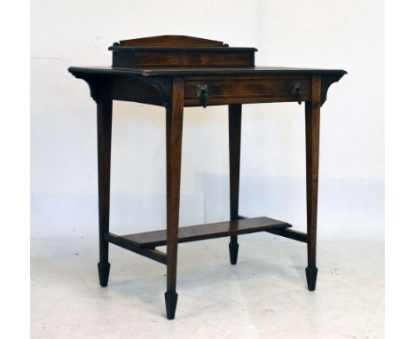 Edwardian inlaid rosewood writing table, with hinged superstructure enclosing stationery divisions over skiver-inset writing 