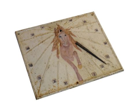 Painted cast iron sundial plate modelled as a unicorn with 'horn' gnomon, 45.5cm x 37.5cm  