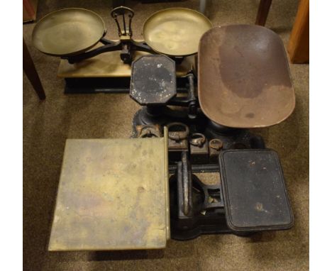 Three various antique grocers scales, one set with assorted weights (3)  