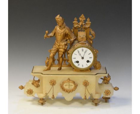 Late 19th Century French gilt spelter and alabaster mantel clock, the Japy Freres movement outside countwheel-striking on a b