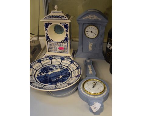 Quantity of Wedgwood jasperware items to include; clock and barometer, together with Wedgwood blue landscape calendar plate a