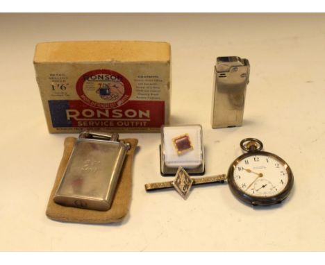 Assorted collectables to include boxed Ronson lighter, two further lighters, and open-face pocket watch  