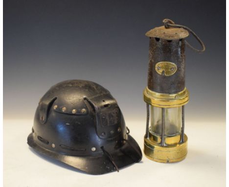 Vintage miners helmet with leather internal fittings, together with a Thomas &amp; Williams miners lamp No.1270 (2)  