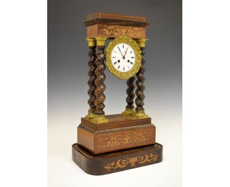 19th Century French inlaid rosewood portico clock with 4-inch Roman dial, the Japy Freres movement outside countwheel-strikin