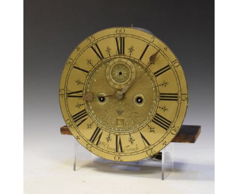 18th Century brass longcase clock dial and movement, Wm.Clement, 'Totness' (sic) (Totnes, Devon), the 28.5cm diameter dial wi