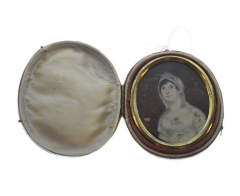 19th Century oval miniature with bust length portrait of a young lady, 6.5cm high, in fitted red hide case  