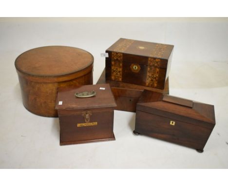 Selection of vintage boxes to include Victorian walnut and marquetry jewellery box, Campaign-style writing box, bentwood hat 